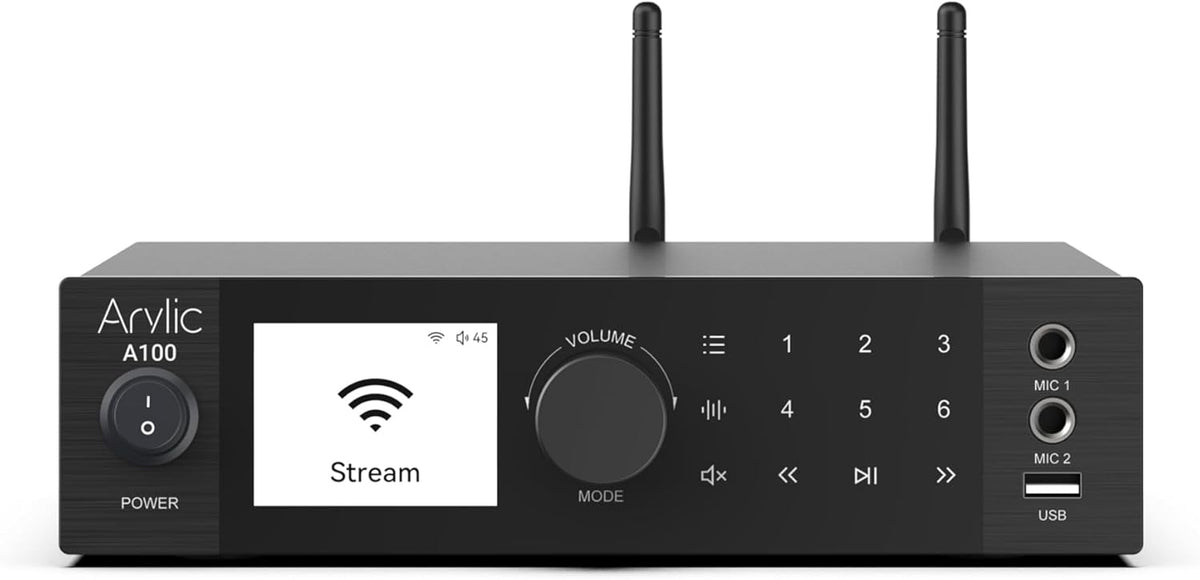Arylic A100 Draadloze Full Digital HiFi-versterker met FM-radio, 100 W × 2 wifi-en bluetooth-audio-ontvangers, ondersteunt AirPlay, Spotify Connect, Multiroom, ideaal voor KTV, thuisbioscoop en radio.