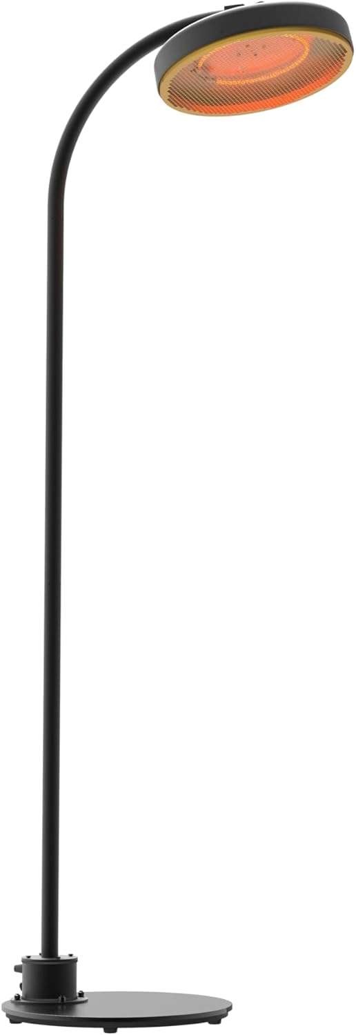 Staande warmtestraler, 2000 W, elektrisch, IP65 weerbestendig, verwarmingsgrill, diameter 44 cm, hoogte 223 cm, elegant zwart-goud design, stabiele voet