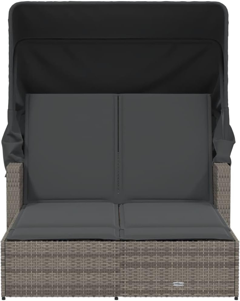 Gecheer Dubbel ligbed met luifel en grijze kussens van polyrotan, professionele zonneligstoel, zonneligstoel voor buiten, tuinligstoel, ligstoel, P365809 - QUORE