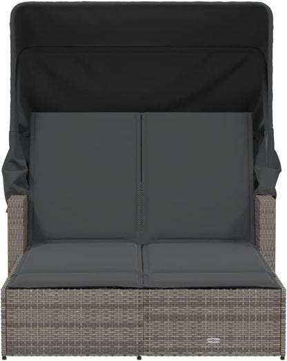 Gecheer Dubbel ligbed met luifel en grijze kussens van polyrotan, professionele zonneligstoel, zonneligstoel voor buiten, tuinligstoel, ligstoel, P365809 - QUORE