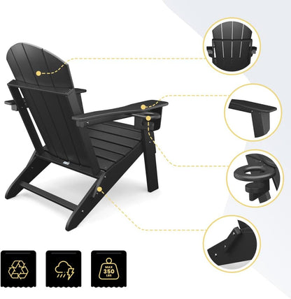 Adirondack Folding Chair for Garden, Patio or Deck - Arm Rests and Cup Holder - Lightweight, Weatherproof - Stylish, Durable Outdoor Furniture for Fire Pit, Beach, Poolside, Porch (Black)