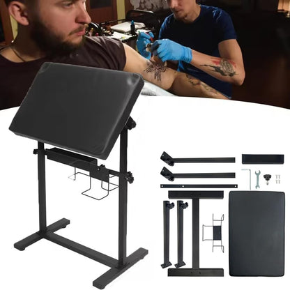 Professionele verstelbare tattoo-armsteun – hoogte 66-98 cm, 340° draaibare tafel (60 x 40 cm) met PU-lederen bekleding, stabiele ijzeren basis en accessoirevak voor studio en tattoo-kunstenaars