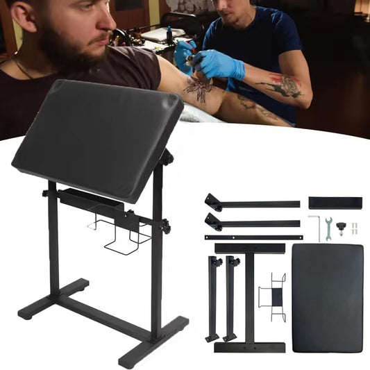 Professionele verstelbare tattoo-armsteun – hoogte 66-98 cm, 340° draaibare tafel (60 x 40 cm) met PU-lederen bekleding, stabiele ijzeren basis en accessoirevak voor studio en tattoo-kunstenaars