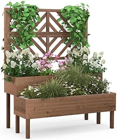 FANTASK Bloembak met latwerk van dennenhout, tuinspalier met 2 rankkasten, verhoogd bloembed met rankrooster en drainagegat, bloempot voor tuin, binnenplaats, balkon, bruin