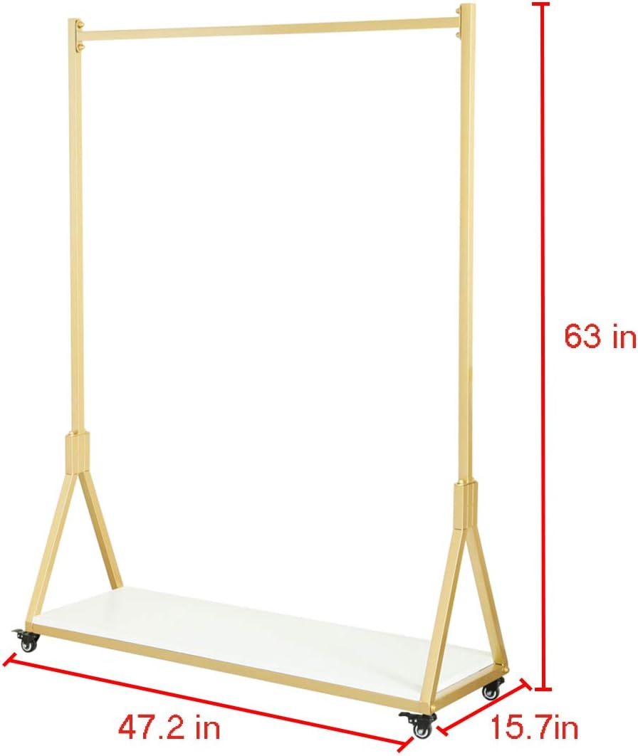 Kledingrek – Garderoberek – Kledingstandaard – Hangrek – Vrijstaand Kledingrek Goudkleurig – Metalen Frame En Houten Plank – Met 4 Rubber Wielen En Verstelbare Antislipvoeten