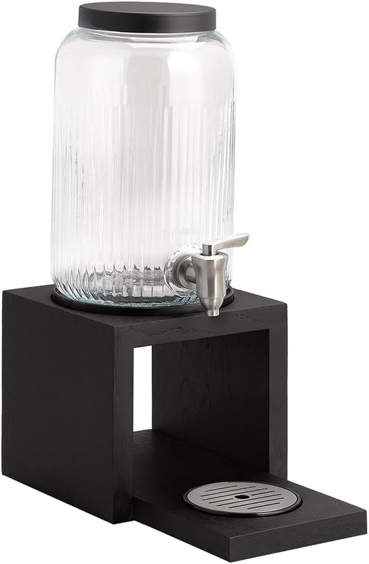 APS 14125 Drankdispenser "VALO", basis ook eikenhout zwart (waterbestendig gelakt), glascontainer (3,8 liter), tapkraan van roestvrij staal, deksel van roestvrij staal zwart, uitneembaar afdruiprek