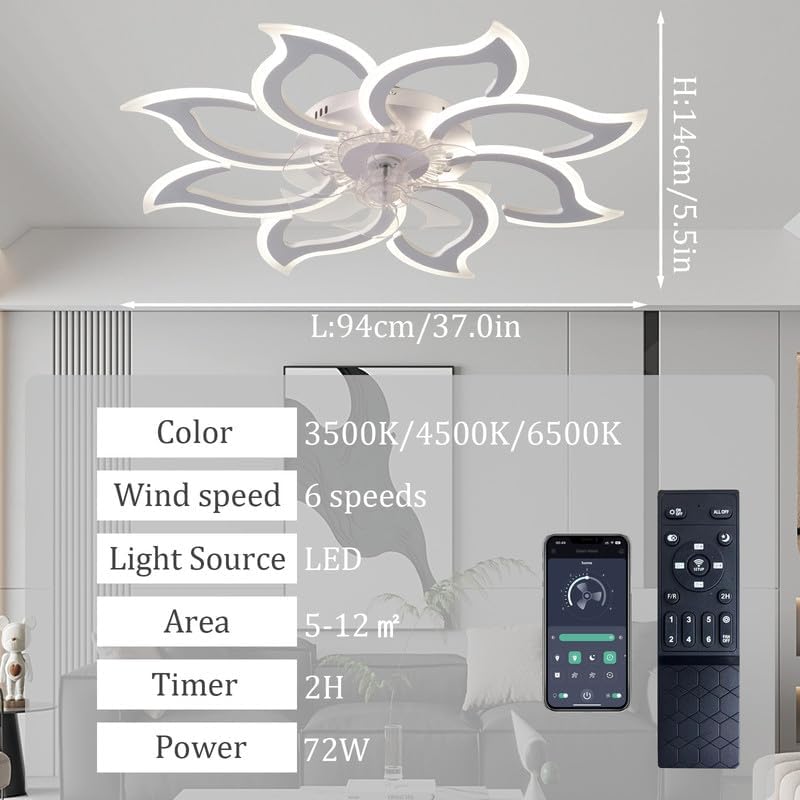 Grote verstelbare led-plafondventilator met modern omkeerbaar licht en stille afstandsbediening, 6 snelheden, wit