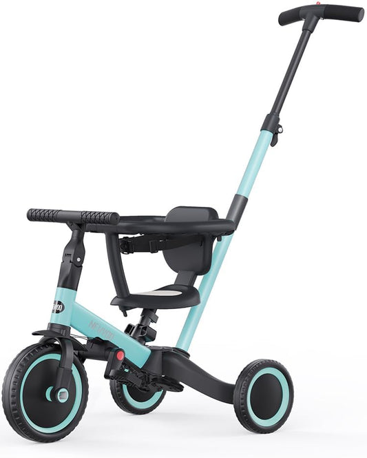 newyoo driewieler voor 1-3 jaar, peuterfiets, loopfiets met ouderduwstang, verjaardagscadeau & loopfiets voor jongen & meisje, 5-in-1 kinderdriewieler met veiligheidsbeugel, TR008, blauw
