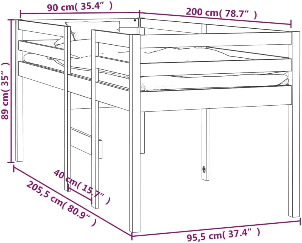 vidaXL Hoogslaper massief grenenhout 90x200 cm, bed, slaapkamermeubel, bedbodem, hoogbed, bedframe, eenpersoonsbed, houten bed, massief houten bed