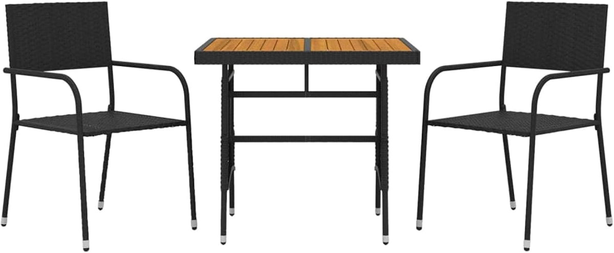 Tidyard 3-Piece Dining Set for Garden Outdoor Dining Room Set Black Poly Rattan Wood Rattan Table and Garden Chairs Set for Table and Chairs Square Wood and 2 Garden Chairs - QUORE