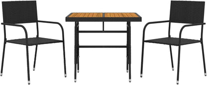 Tidyard 3-Piece Dining Set for Garden Outdoor Dining Room Set Black Poly Rattan Wood Rattan Table and Garden Chairs Set for Table and Chairs Square Wood and 2 Garden Chairs - QUORE