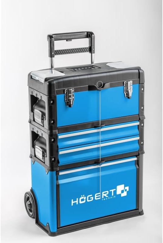 HÖGERT Technik Gereedschapskist - 3-delig, modulair, mobiele servicekast met laden, 45 kg capaciteit, geïntegreerde wielen en telescopische handgreep, ideaal voor onderhoudsdiensten, werkplaatsen en