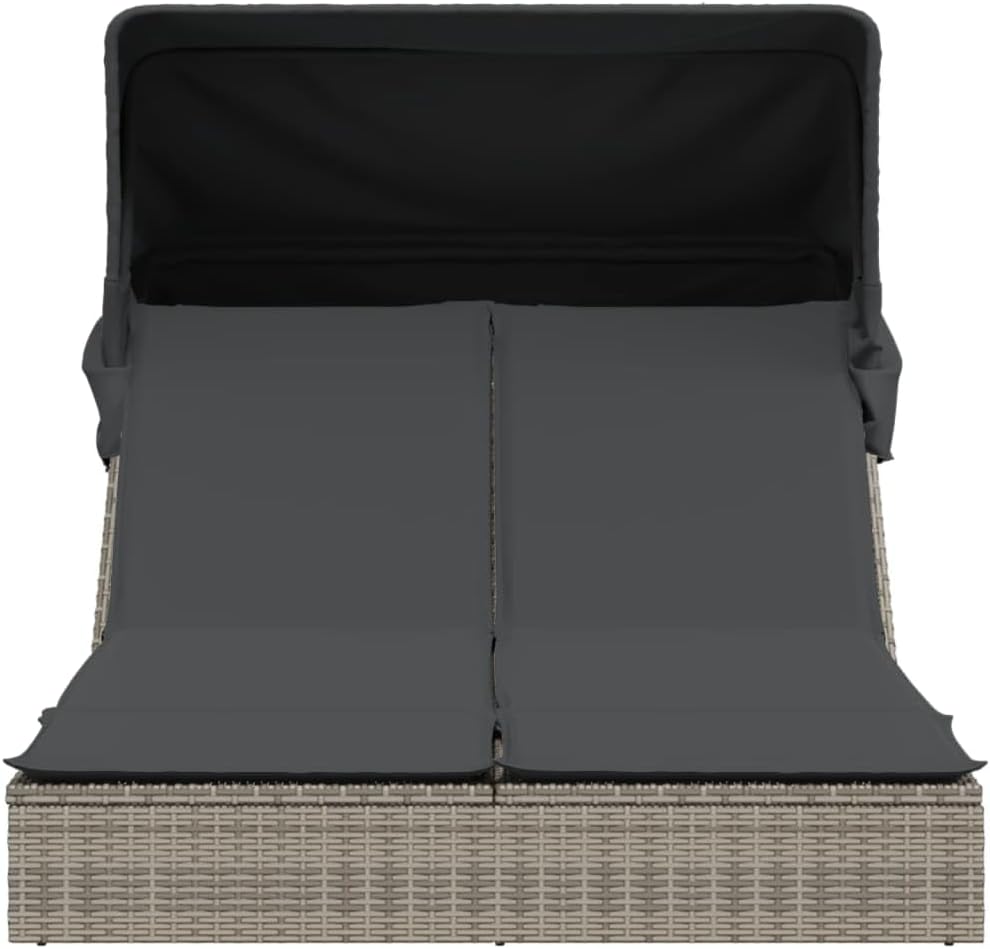 Double Sun Lounger with Retractable Canopy and Grey Polyrattan Outdoor Cushions Adjustable Backrest, Weatherproof and UV Resistant Material - QUORE