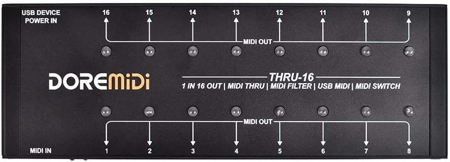 MIDI-Thru Box – MIDI Splitter – MIDI Verdeler – MIDI Router – MIDI Patchbay – 16 Uitgangen – 1 MIDI-Ingang Naar 16 MIDI-Uitgangen – Per Uitgang Instelbare Filtering