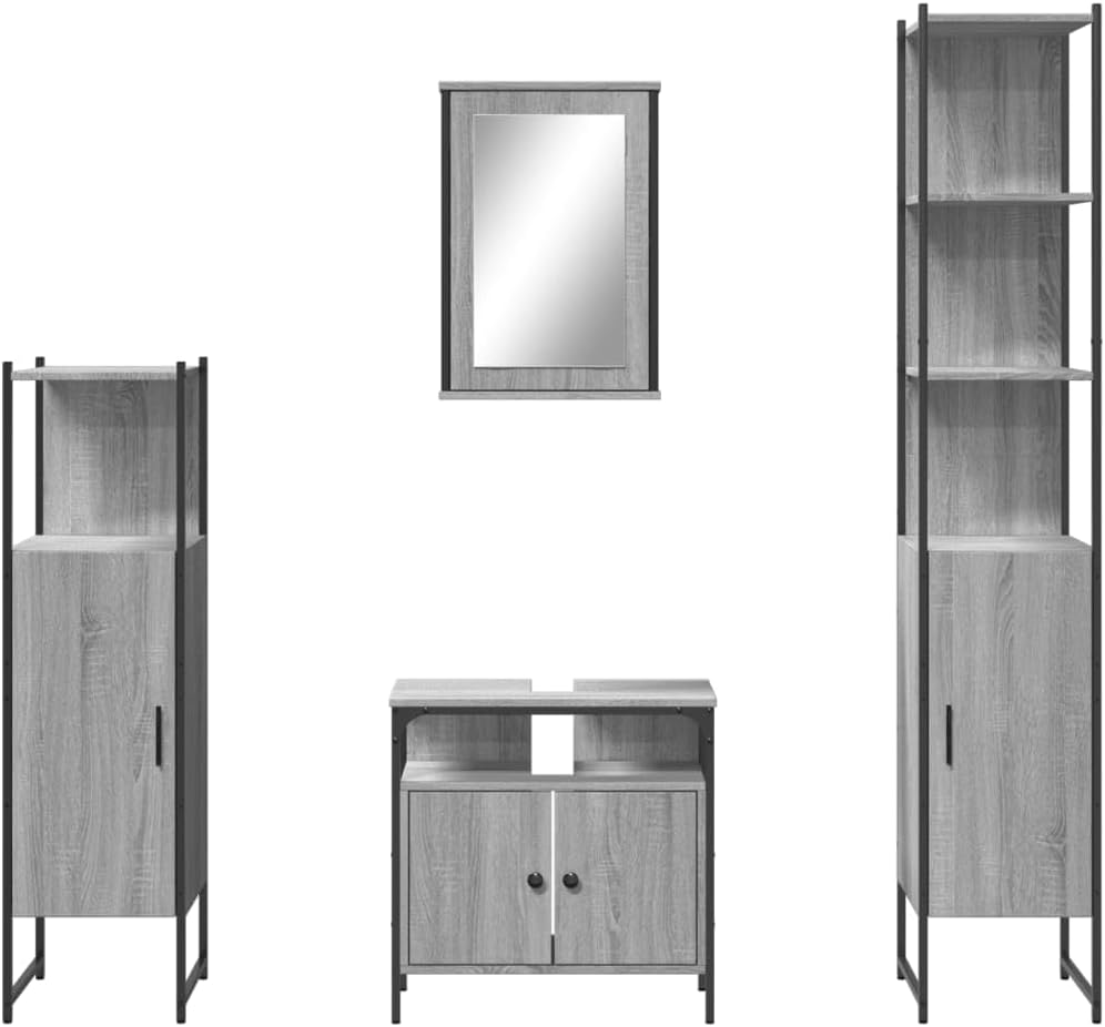 vidaXL 4 Piece Bathroom Furniture Set Processed Wood Grey Sonoma Oak Colour, Bathroom Set, Bathroom Cabinet, Vanity Unit, Washbasin, Bathroom Cabinet - QUORE