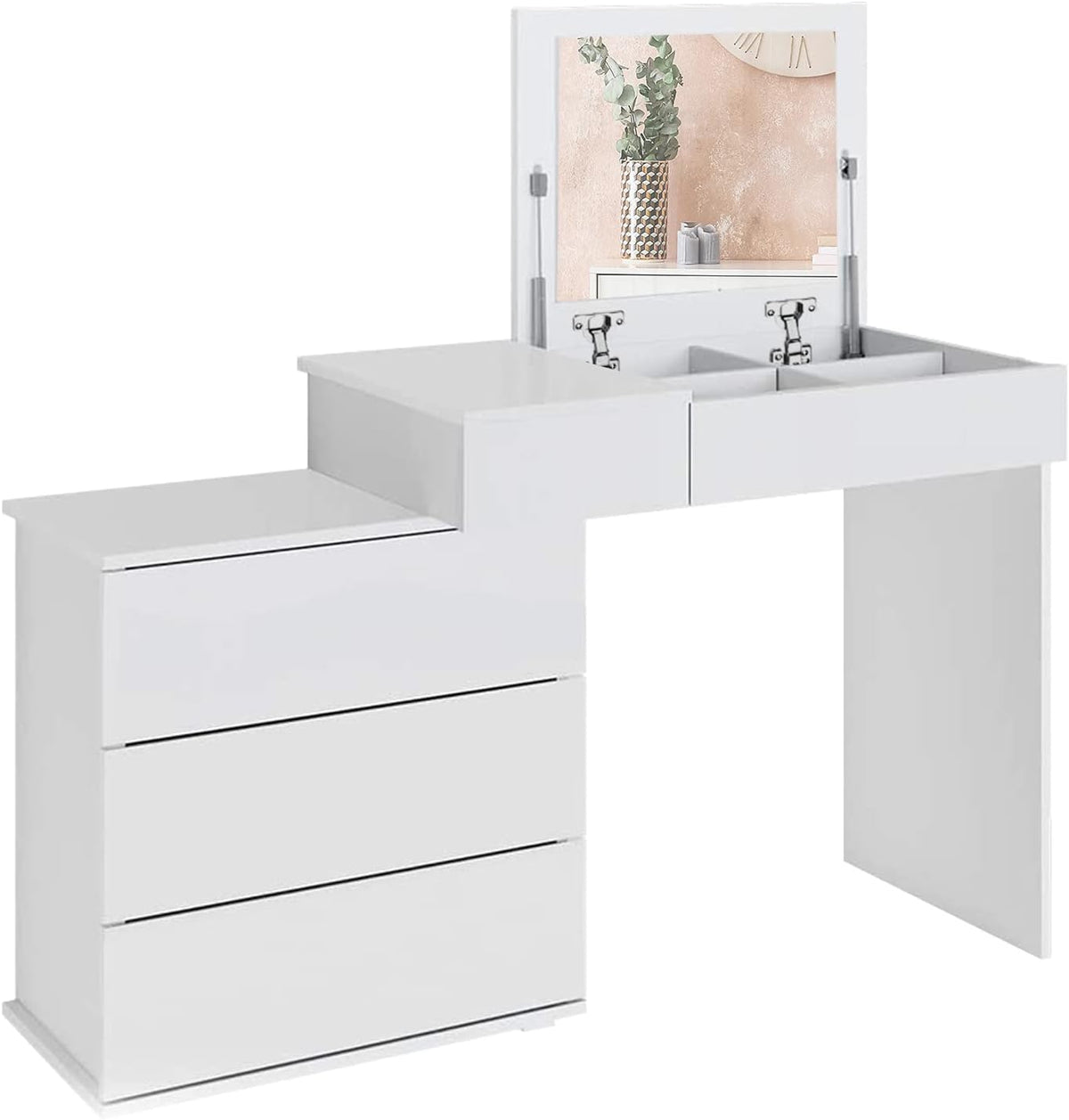 ML-Design Dressing Table White With Folding Mirror, 4 Drawers & 4 Compartments, 117.5x78x45cm, Cosmetic Table For Women & Girls, Made of MDF Wood, Makeup Table - QUORE