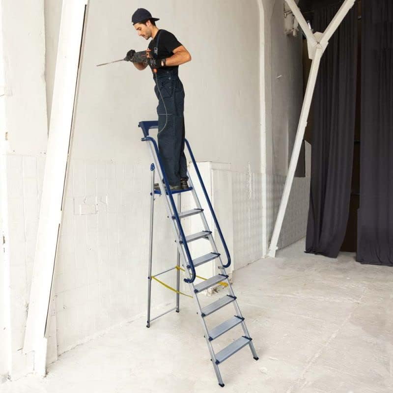 Trapladder met 8 treden Secure Pro, versterkt aluminium, beveiligd met leuningen, gereedschapshouder, platformhoogte 182 cm, belasting 150 kg