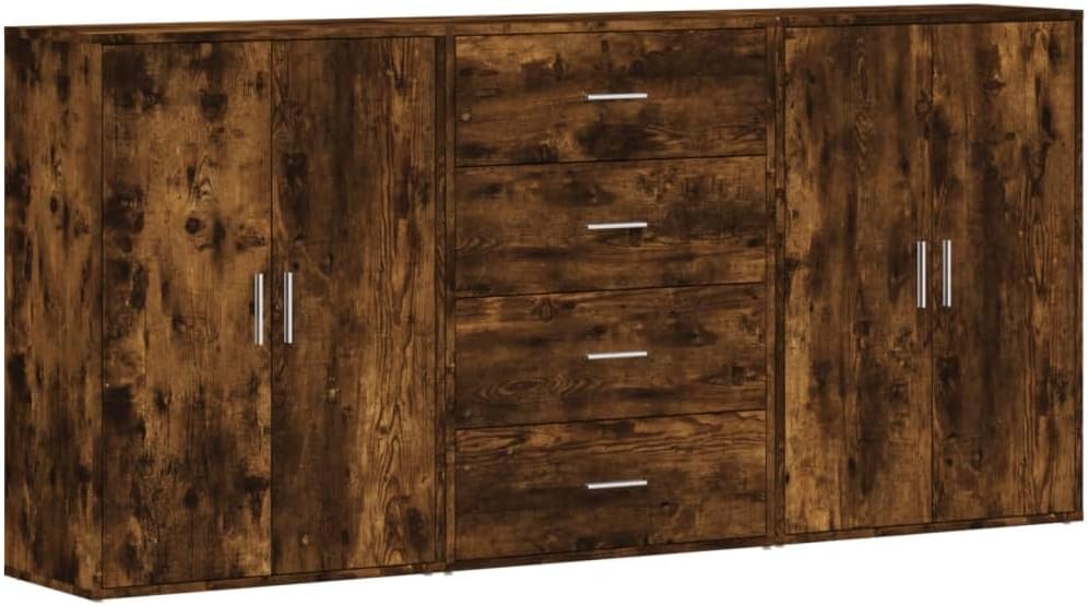 Tidyard Sideboards 3 Pieces Chest of Drawers Side Cabinet Dresser Living Room Cupboard Storage Cabinet Standing Cupboard Multifunctional Cabinet File Cabinet Smoke Oak 60 x 31 x 84 cm Wood - QUORE