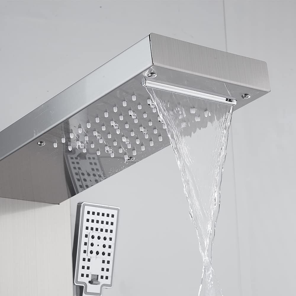 Douchepaneel – Douchekolom – Regendouche – Massage Douche – Handdouche – Roestvrijstaal Geborsteld – 8 Functies Inclusief Massage Nozzles – LED Verlichting & Temperatuurdisplay