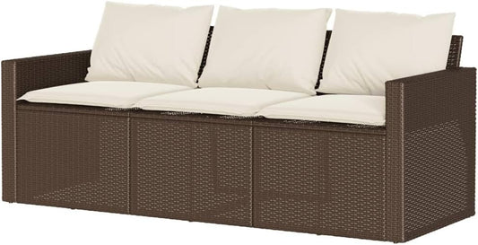 vidaXL Garden bench 3 seater with cushions poly rattan brown, garden furniture, garden bench, outdoor bench, lounge sofa garden, outdoor bench, balcony bench, bench garden - QUORE