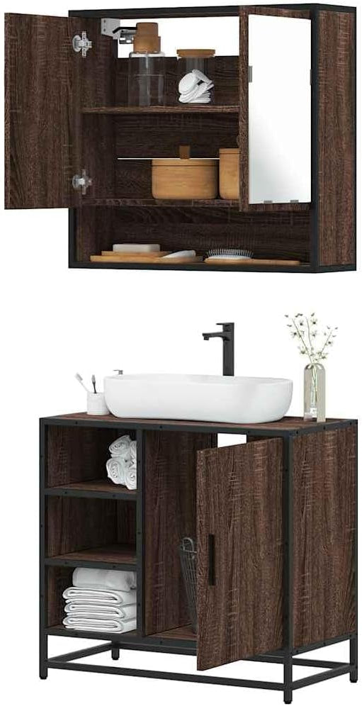 Gecheer 2-piece bathroom cabinet set base cabinet bathroom cabinet brown oak look wood material - QUORE