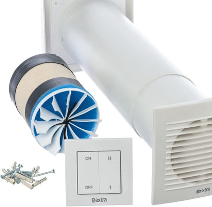 Decentrale Ventilatie Unit 100 mm met Warmteterugwinning – WTW Unit – Muurventilator – Badkamer Ventilator – Ventilatiesysteem – Keramische Warmteterugwinning – Bedrade Wandschakelaar