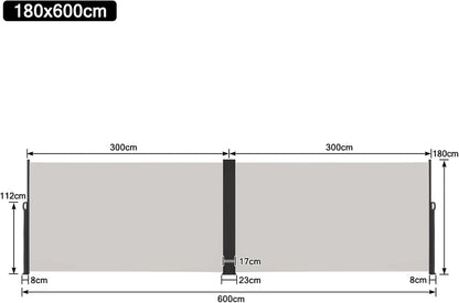 Zijscherm – Zijluifel – Zijmarkies – Zonwering – Windscherm – Uittrekbaar 180x600 cm – Waterbestendig Polyester – Privacy- en Zonbescherming
