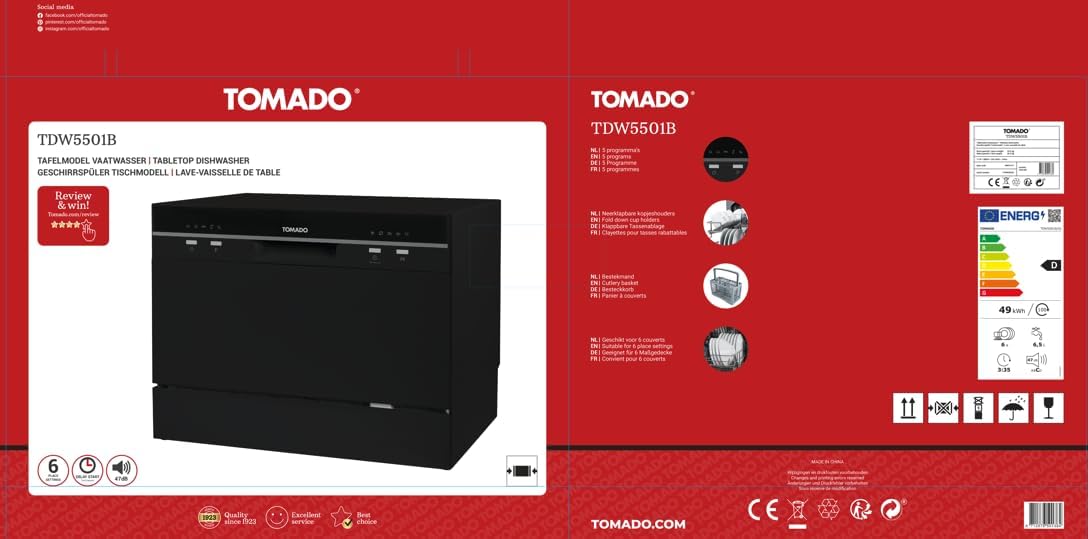 Tomado TDW5501B - Mini dishwasher - Small dishwasher - Freestanding - 6 place settings - 5 programs - Energy class D - Black