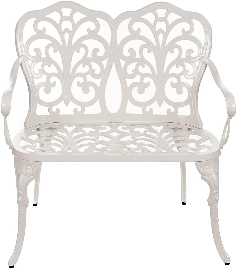Butterfly Style Garden Bench Bistro Bench for 2 Cast Aluminum 100cm Bench Park Bench Garden Furniture (White) - QUORE