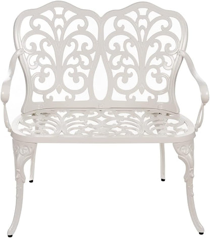 Butterfly Style Garden Bench Bistro Bench for 2 Cast Aluminum 100cm Bench Park Bench Garden Furniture (White) - QUORE