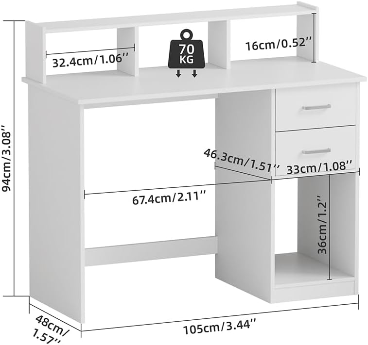 Mondeer Wit computerbureau met 2 laden en opbergplanken, 105 x 48 x 94 cm, laptop studeertafel voor kleine ruimte thuiskantoor werkstation