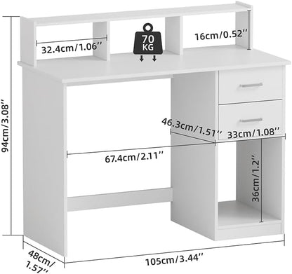 Mondeer Wit computerbureau met 2 laden en opbergplanken, 105 x 48 x 94 cm, laptop studeertafel voor kleine ruimte thuiskantoor werkstation