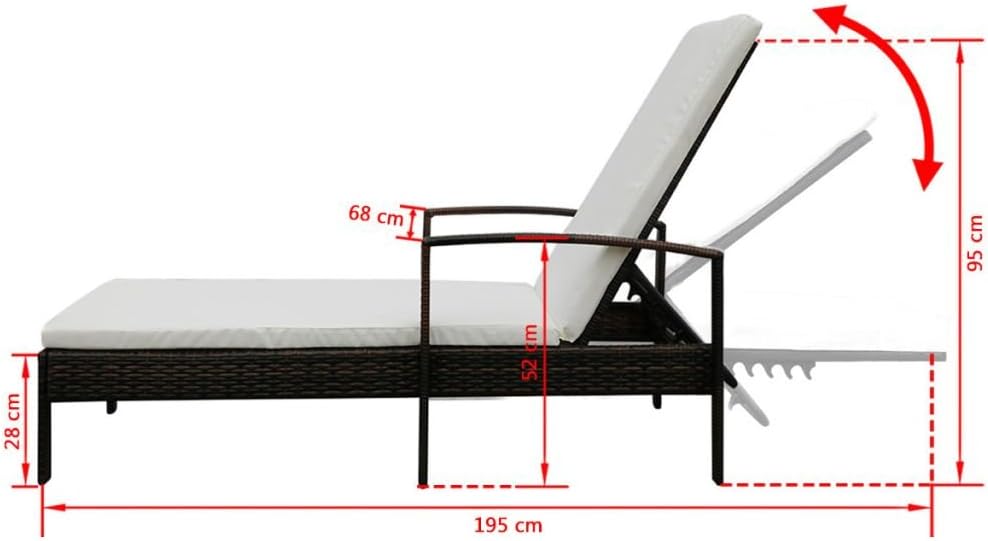Festnight Sun Lounger Garden Lounger with Poly Rattan Cushion Brown/Black Outdoor Garden Lounger 195 x 68 x 52 cm - QUORE