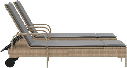 vidaXL Sun loungers 2 pcs with cushions poly rattan beige, garden chair, patio furniture, sunbed, garden furniture, deckchair, garden bed, sunbed garden, deckchair garden - QUORE