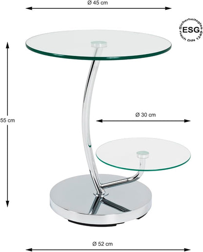HAKU Bijzettafel chroom, Metaal, veiligheidsglas - Maat: H 55 cm x Ø 52 cm, Stijl: Modern