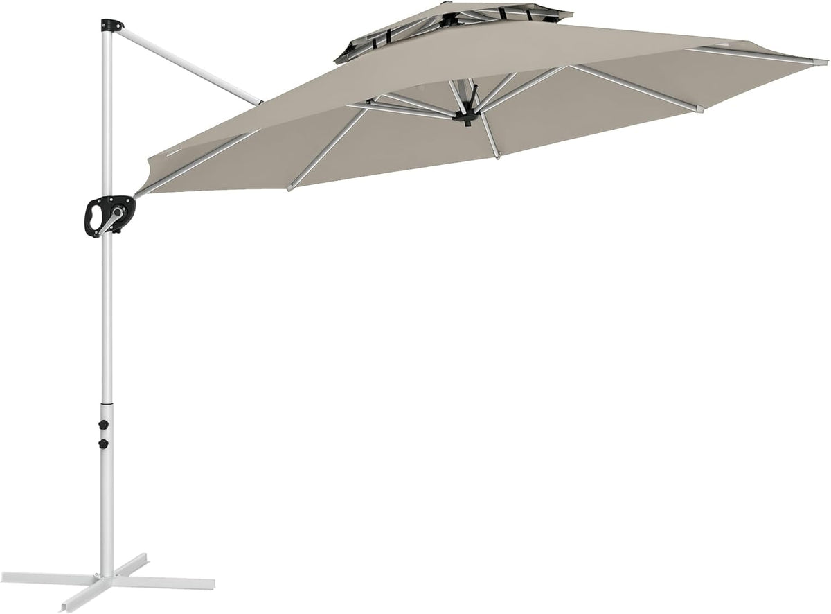 Outsunny Round Floating Parasol, 3 x 2.5 m, Outdoor Garden Parasol with Crank, Cross Base, Tilting and 360° Rotatable, Double Roof, UV Protection UPF0+, Grey, Light Grey
