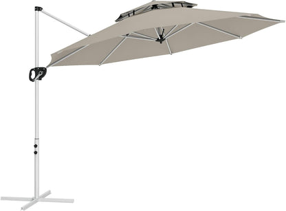 Outsunny Round Floating Parasol, 3 x 2.5 m, Outdoor Garden Parasol with Crank, Cross Base, Tilting and 360° Rotatable, Double Roof, UV Protection UPF0+, Grey, Light Grey