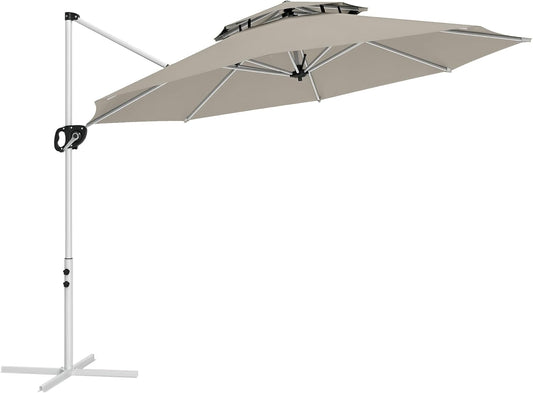 Outsunny Round Floating Parasol, 3 x 2.5 m, Outdoor Garden Parasol with Crank, Cross Base, Tilting and 360° Rotatable, Double Roof, UV Protection UPF0+, Grey, Light Grey