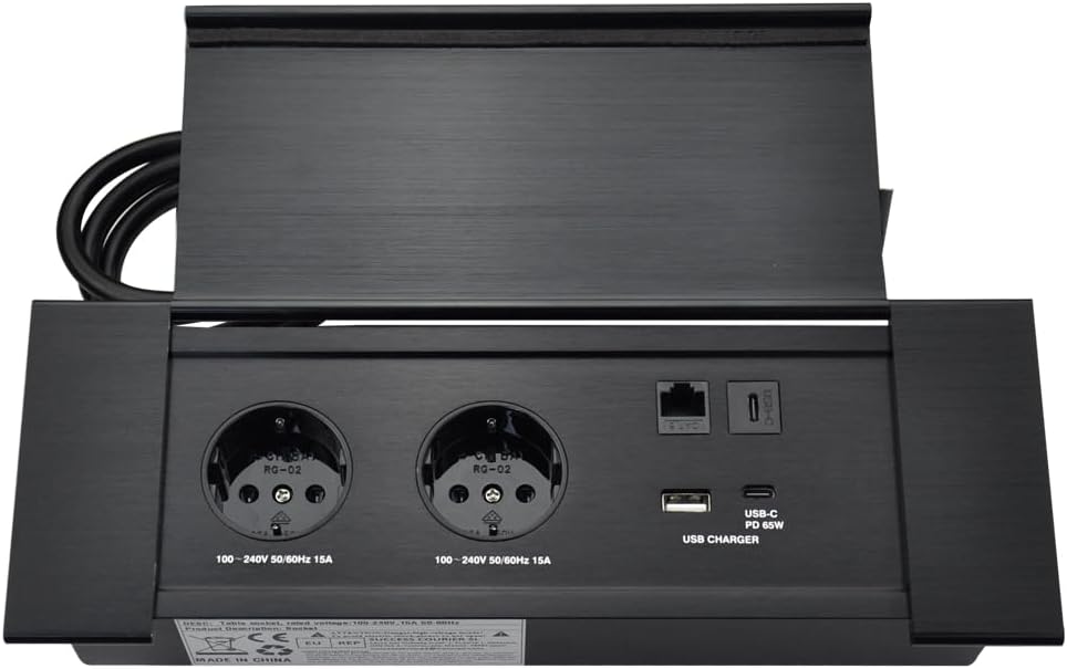 Connectiviteits-box, conferentietafel, power box met 2 stopcontacten + 1 USB-A en type C-oplader + 1 CAT6+ 1 HDMI/USB-C data (zwart) (flip up)