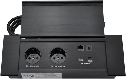 Connectiviteits-box, conferentietafel, power box met 2 stopcontacten + 1 USB-A en type C-oplader + 1 CAT6+ 1 HDMI/USB-C data (zwart) (flip up)