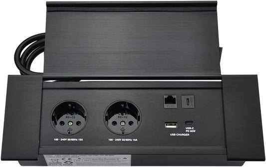 Connectiviteits-box, conferentietafel, power box met 2 stopcontacten + 1 USB-A en type C-oplader + 1 CAT6+ 1 HDMI/USB-C data (zwart) (flip up)