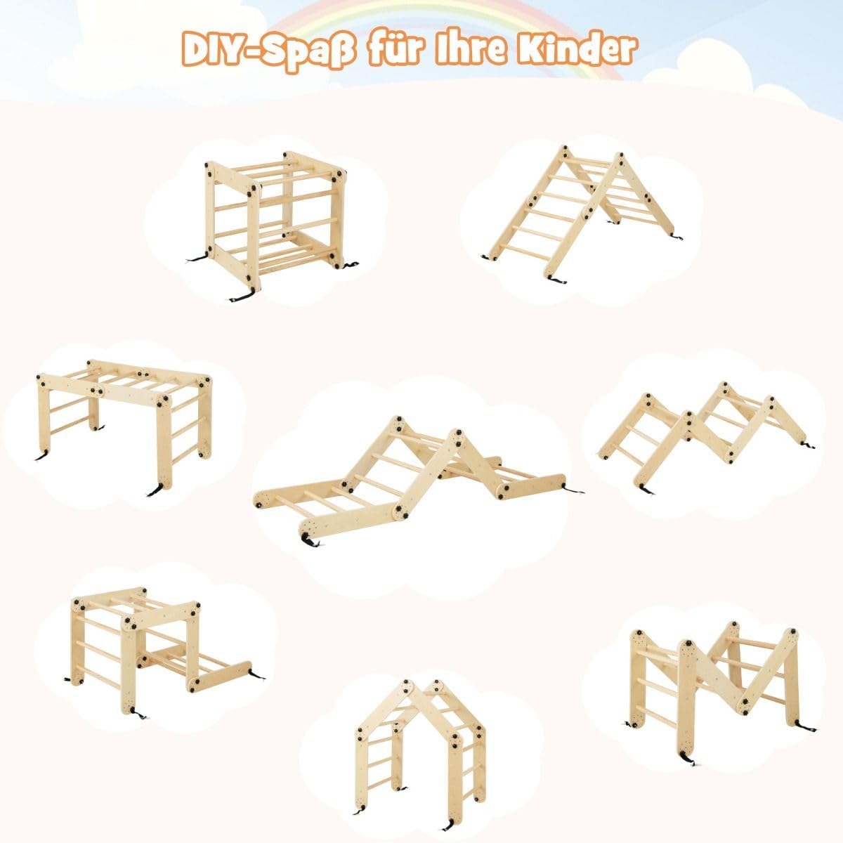 FANTASK Houten klimtoestel, naturel, indoor klimdriehoek, multifunctioneel, met omkeerbare helling, wip, verstelbare klimmer voor kinderen vanaf 3 jaar