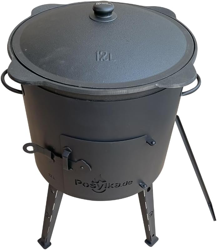 kazan Dutch Oven with Cast Iron Pan, Round Bottom with Lid (12 Litres), KazanoFF, Outdoor, Fire Bowl, Camping - QUORE