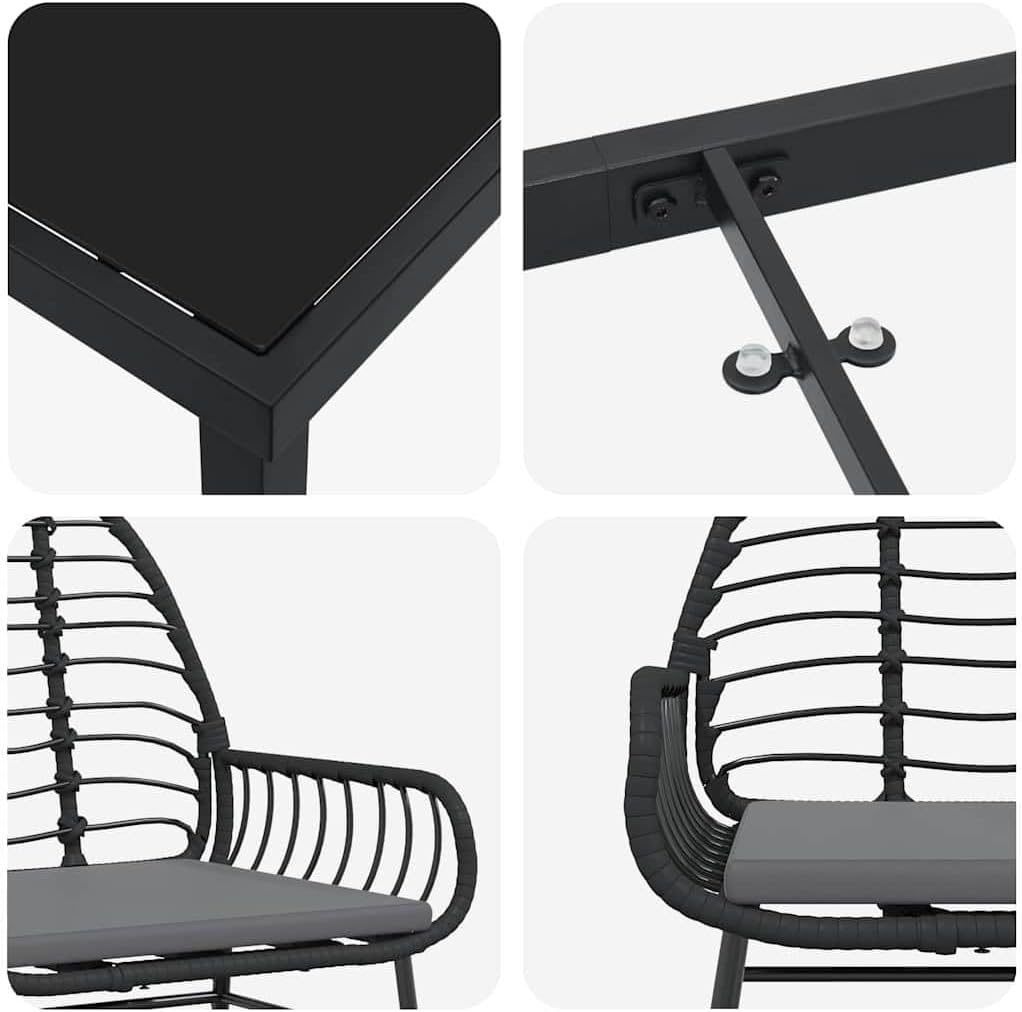 Tuinmeubelset, 5 stuks, zwart, polyrotan, zitgroep met stoelen en tafel, balkonmeubelset voor terras, tuin, balkon - QUORE