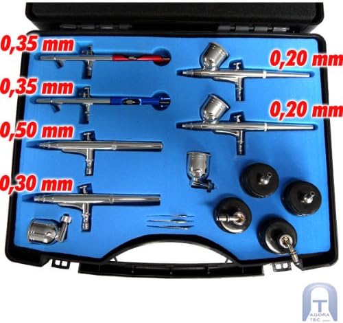 Agora-Tec® Airbrush pistolen set AT-AS-01-15-delig Airbrush-pistolenset met 6 pistolen in 4 verschillende sproeimaten.