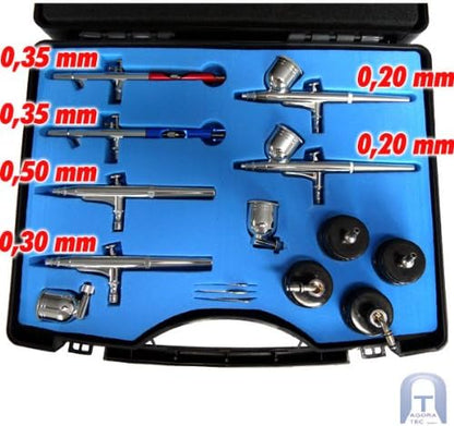 Agora-Tec® Airbrush pistolen set AT-AS-01-15-delig Airbrush-pistolenset met 6 pistolen in 4 verschillende sproeimaten.