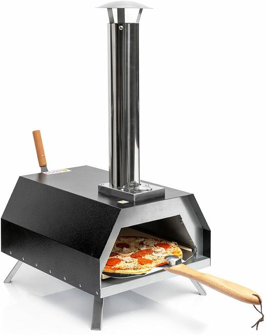 InnovaGoods - Pellet Pizza Oven met Accessoires, Roestvrij Staal Ontwerp, Draagbaar voor Buitengebruik, Inclusief Thermometer en Schoorsteen, Keramische Steen, Opvouwbare Poten, Waterdichte Hoes