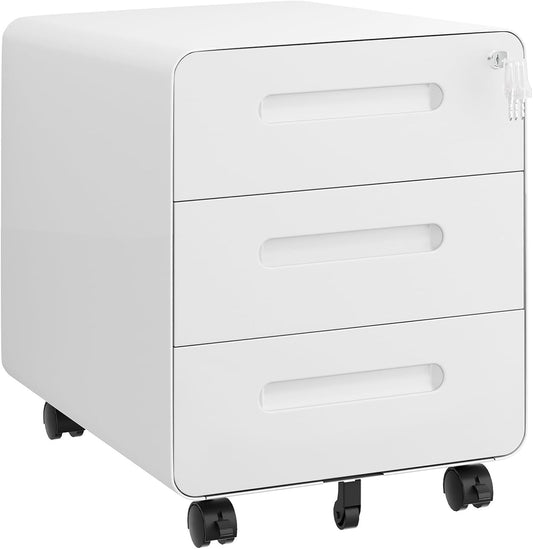 Rolcontainer, mobiele archiefkast met slot, afgeronde hoeken, 4 sleutels, 3 laden, printertafel, reeds voorgemonteerd, voor kantoor, thuiskantoor, 46B x 40D x 50H cm, Wit
