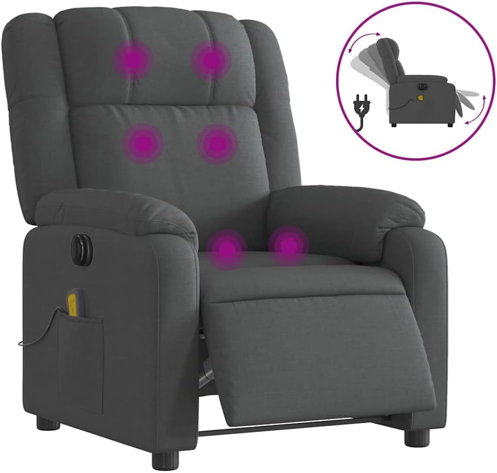Elektrische relaxstoel met 6-punts massage, donkergrijze stof, trillingsfunctie en USB-bediening, stabiele structuur van hout en metaal, zijzak