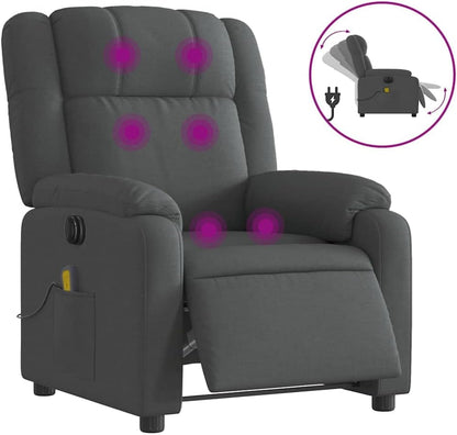 Elektrische relaxstoel met 6-punts massage, donkergrijze stof, trillingsfunctie en USB-bediening, stabiele structuur van hout en metaal, zijzak